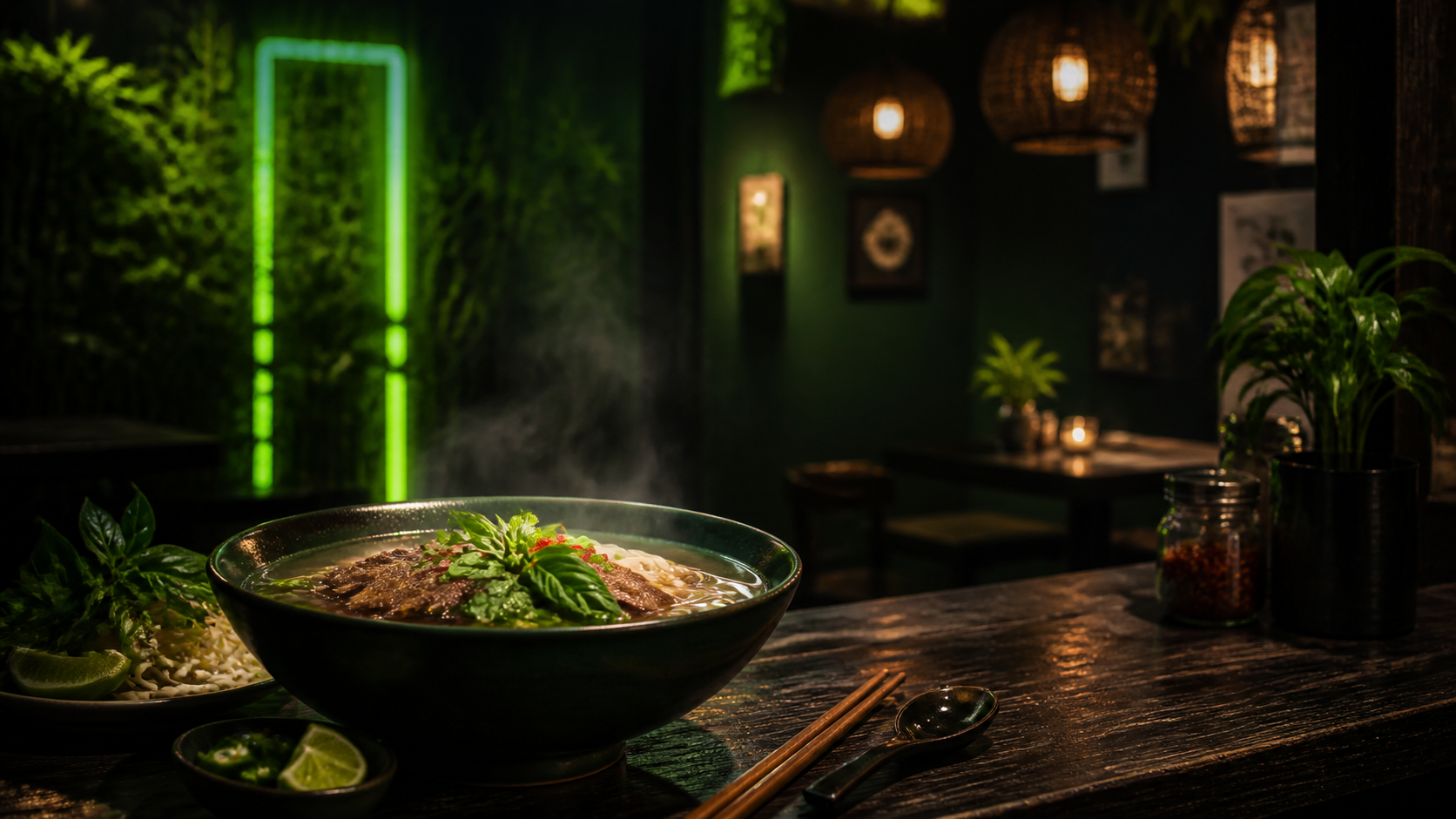 Dampfende Pho-Suppe im 1985 Asia Imbiss