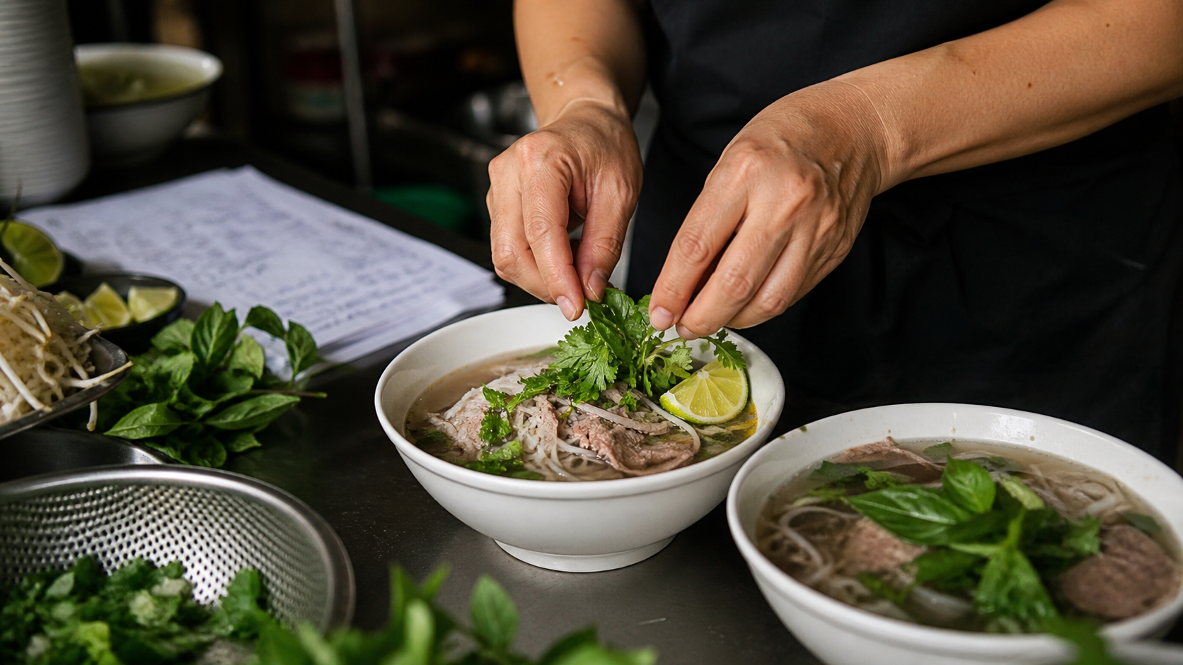 Pho wird mit Kräutern garniert
