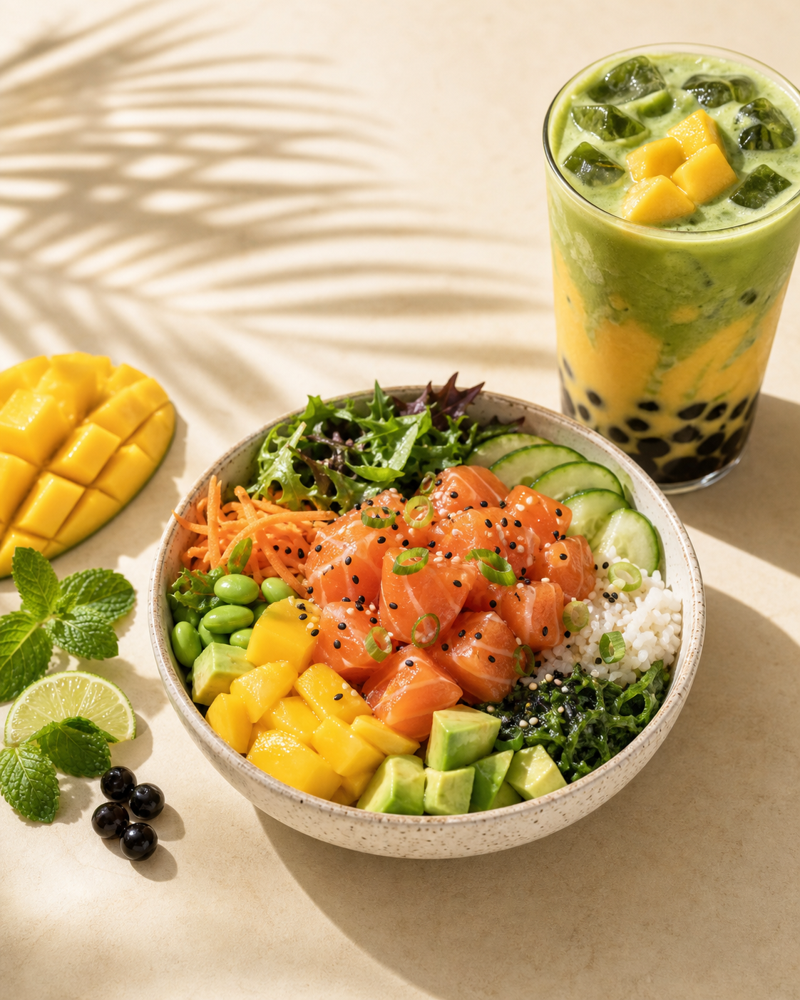Mango Lachs Poke Bowl und Matcha Mango Bubble Tea