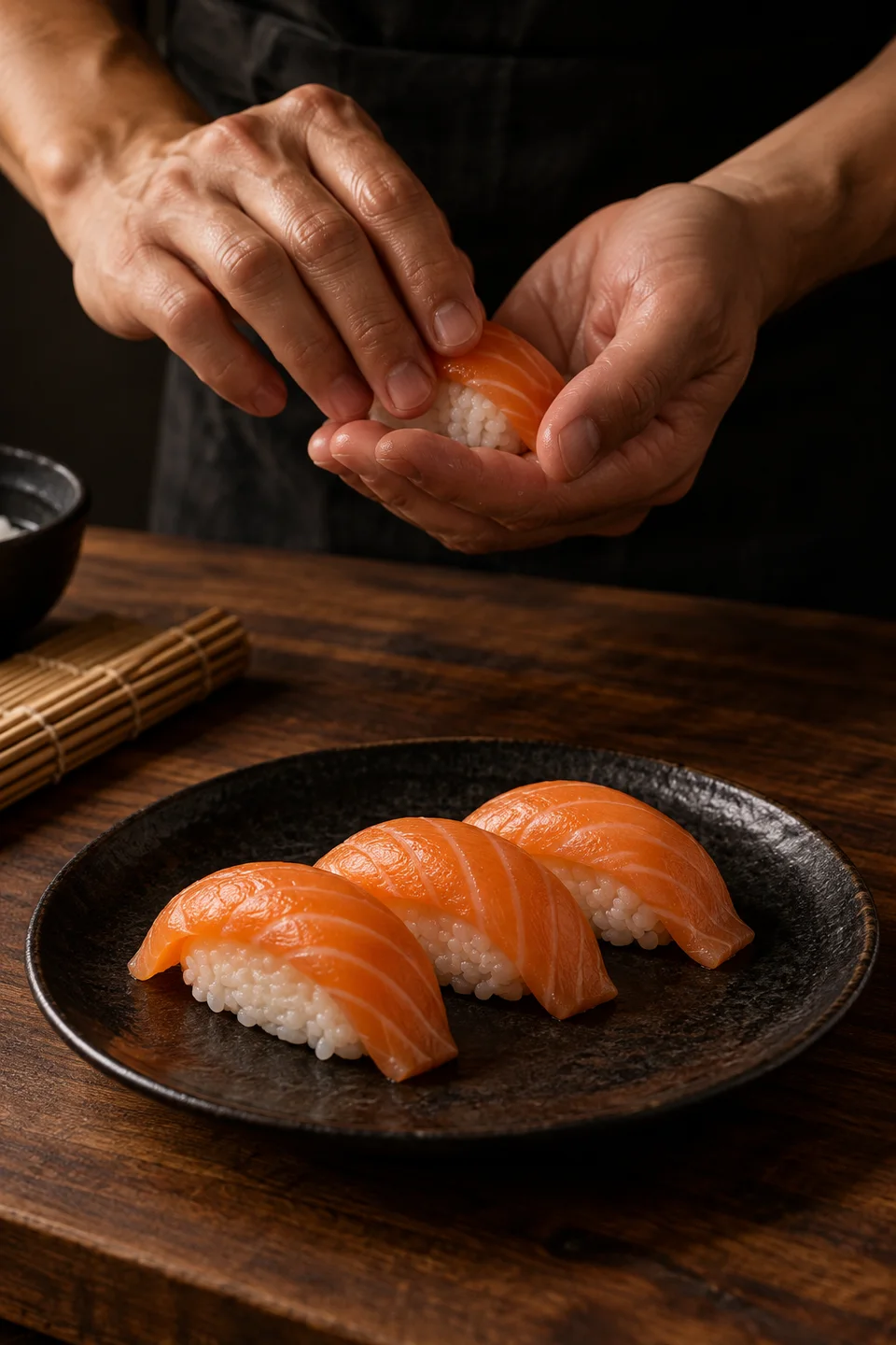 Bildillustration: Hände formen ein Lachs-Nigiri auf einer dunklen Arbeitsfläche
